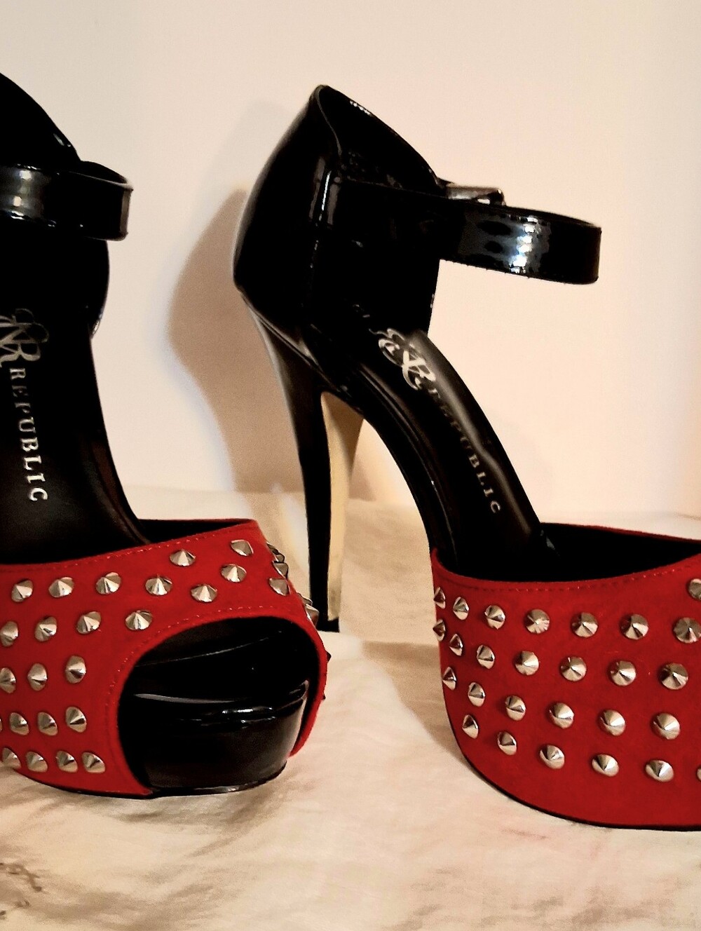 Rock Republic Red Studded Platform Peep-Toe Heels with Ankle Strap -